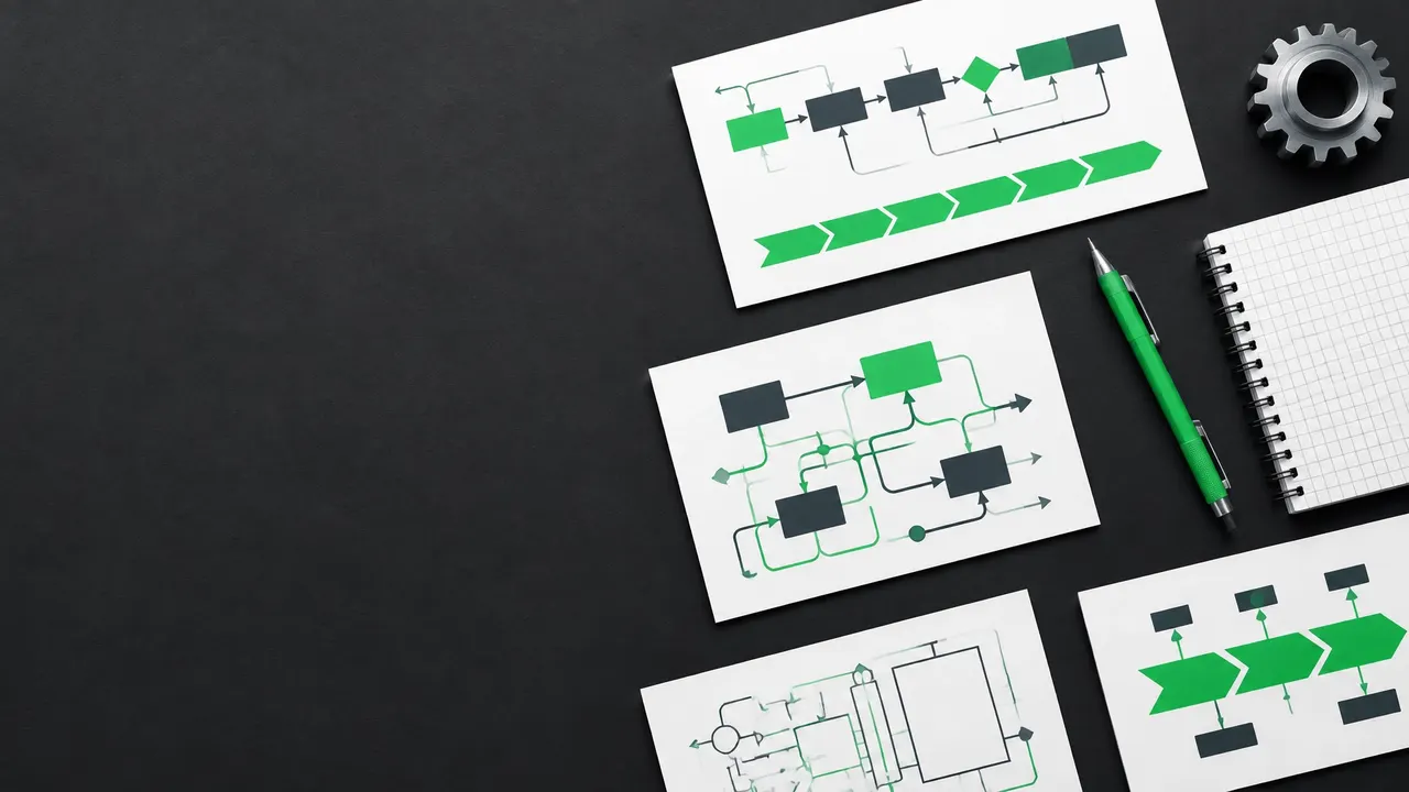 Top-down abstract workspace with process maps, a green pencil, and organized workflow notes